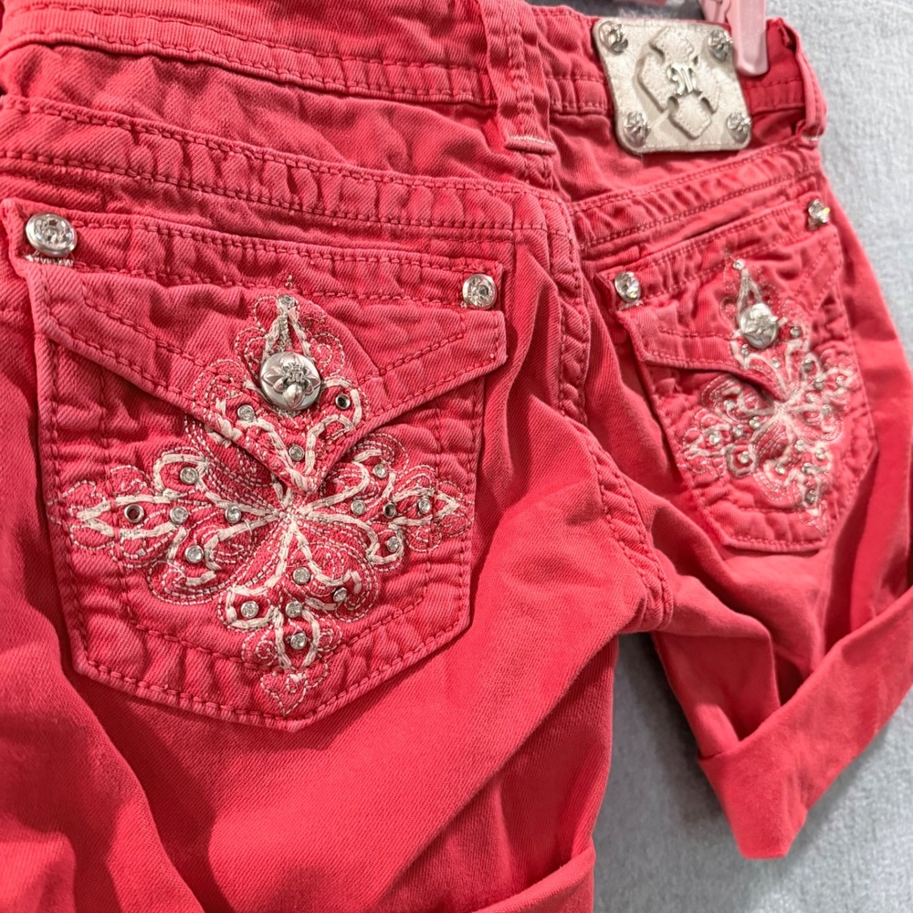 Vintage Y2K Miss Me Red Denim Shorts Embellished Rhinestone Flap Pocket Size 25 - Picture 7 of 7